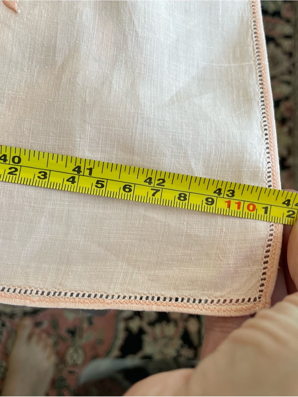 Vintage Mid Century Embroidered Leaf  Peach Linen Cotton Tablecloth - 44x44 in - Picture 9 of 10